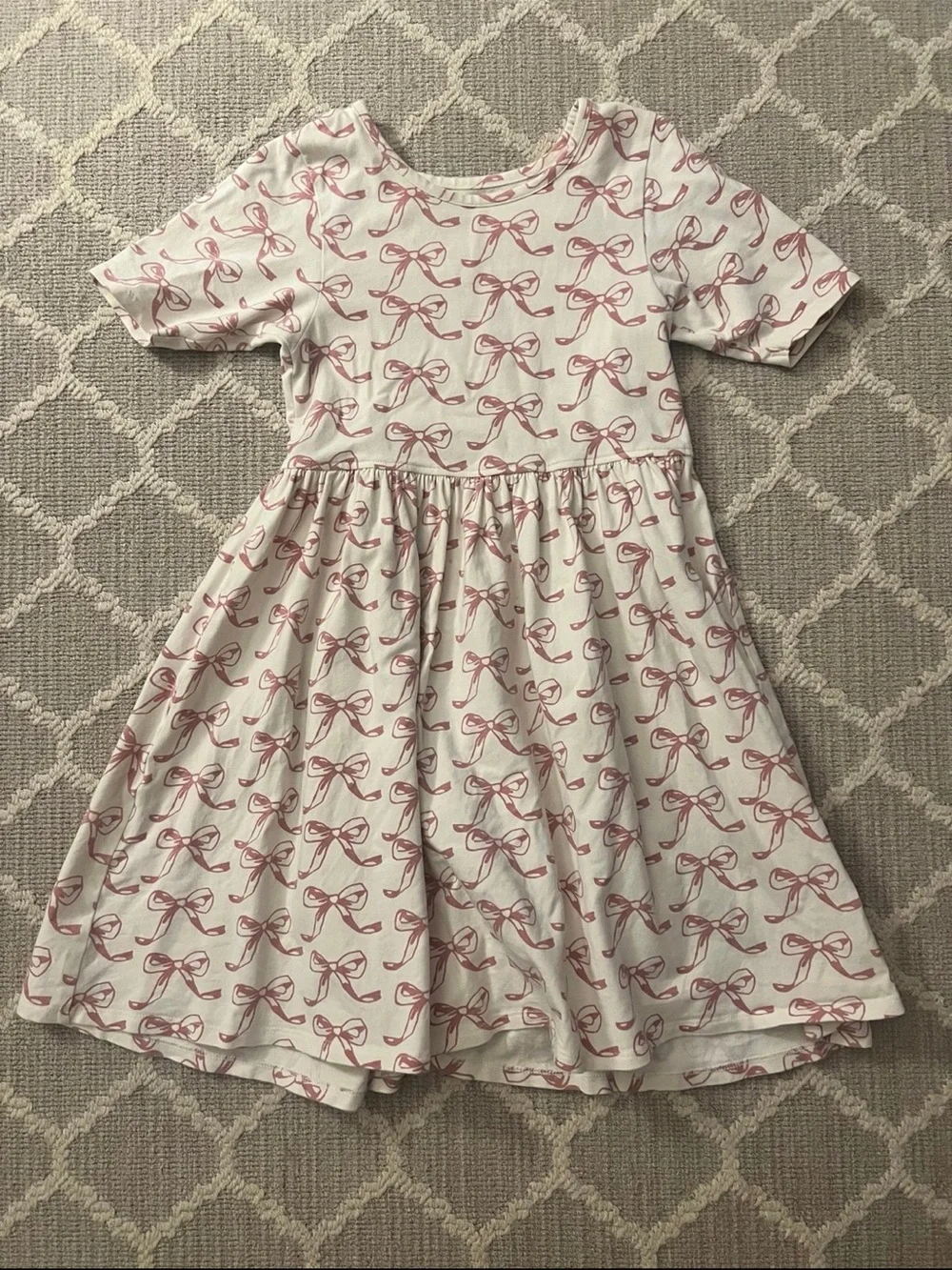 Pink Chicken Girls' White Dress with Pink Bow Print - Soft Cotton Stretch Dress